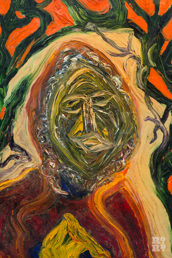 Painting by Mary Barnes of green and orange portrait.
