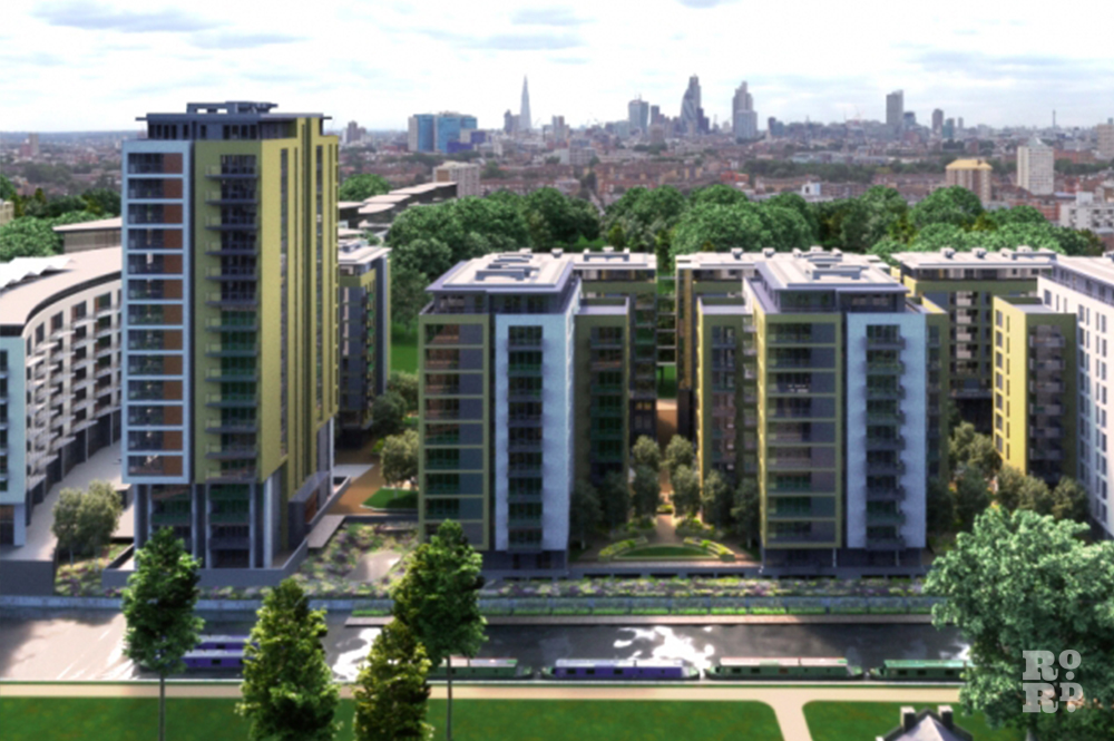 CGI image of Sutton Wharf housing development overlooking Regents Canal in East London, with view of London skyline behind.