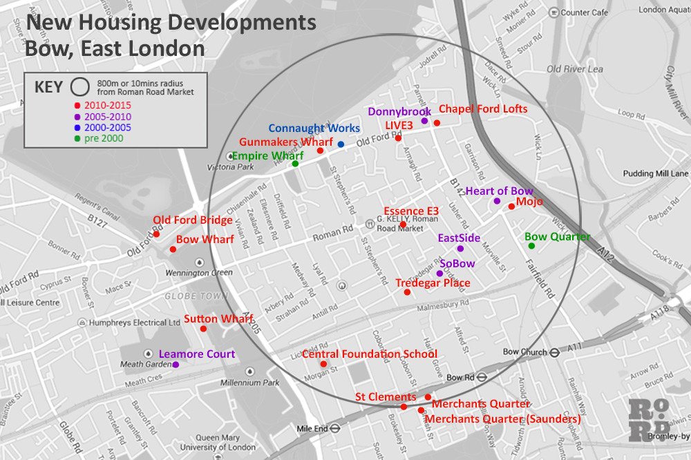 Map plotting new housing developments in Bow, East London, from 2000 to 2015