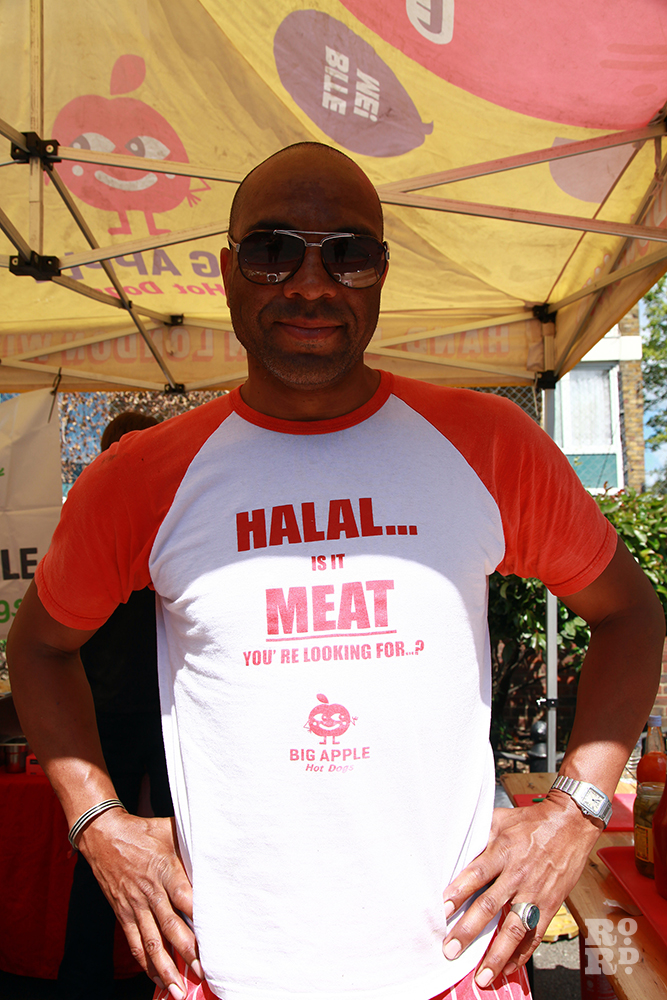 Man wearing Tshirt saying Halal Meat