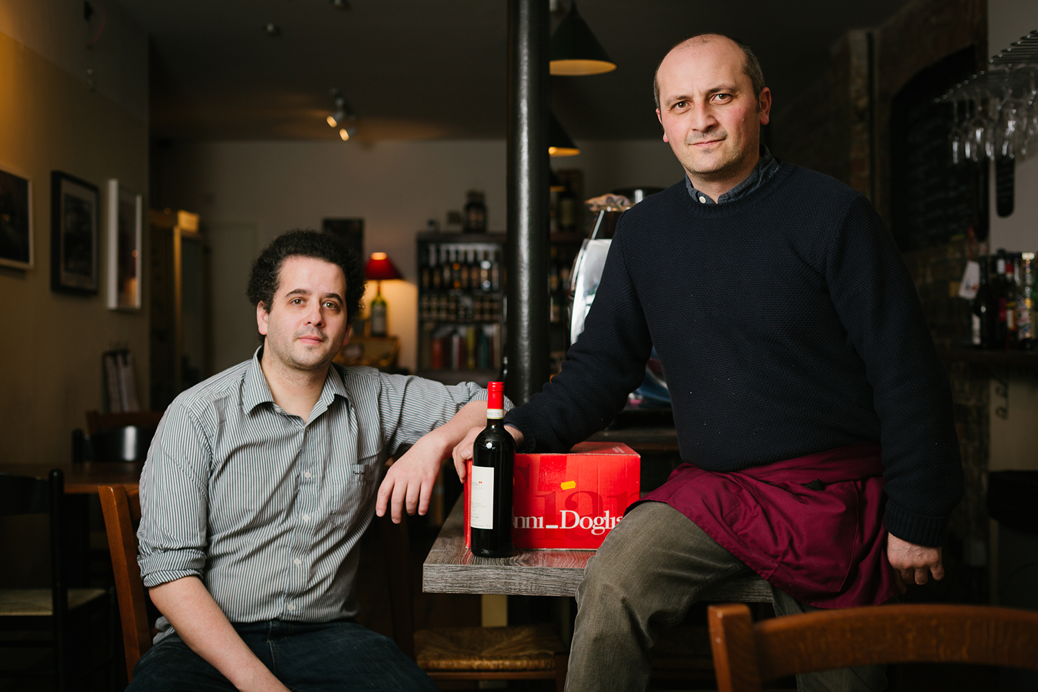 Philippe Polleux and Eugeno Ciccarelli at Vinarius wine shop in Roman Road East London