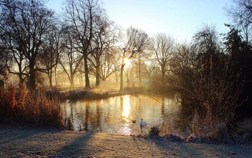 East London's Victoria Park fishing pond on a frosty winter morning