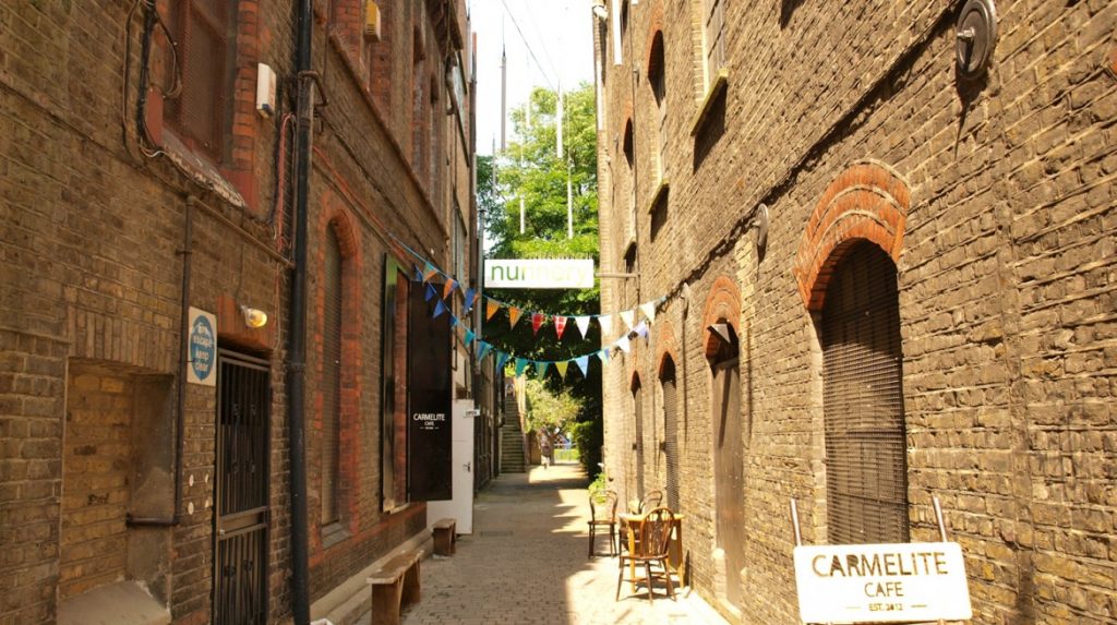 The alleyway outside the Nunnery Gallery and Carmelite Cafe in Bow, East London.