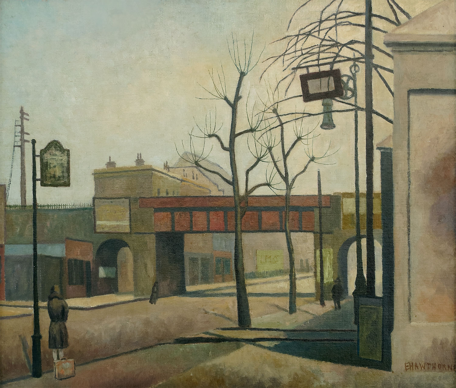 Oil painting showing a view of an almost deserted Bow Road