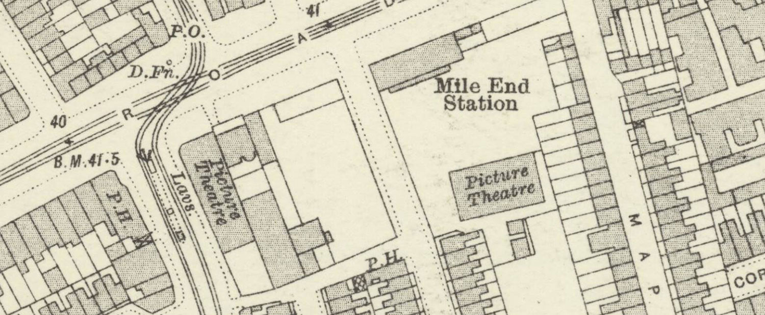 map of mile end station with picture houses