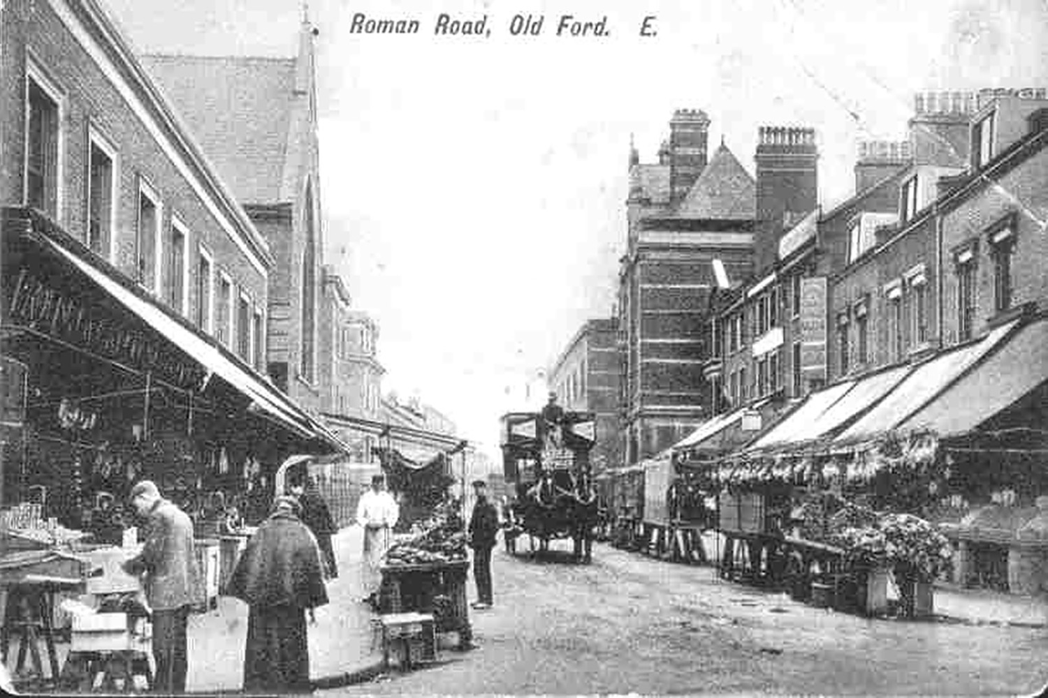 Image of Roman Road showing a horse and carriage, shops with awnings and market stalls