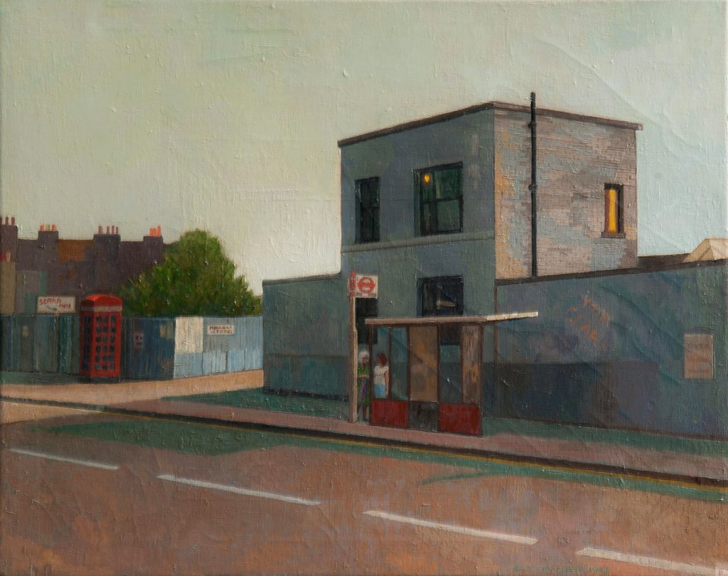 Painting showing a bus stop outside a house