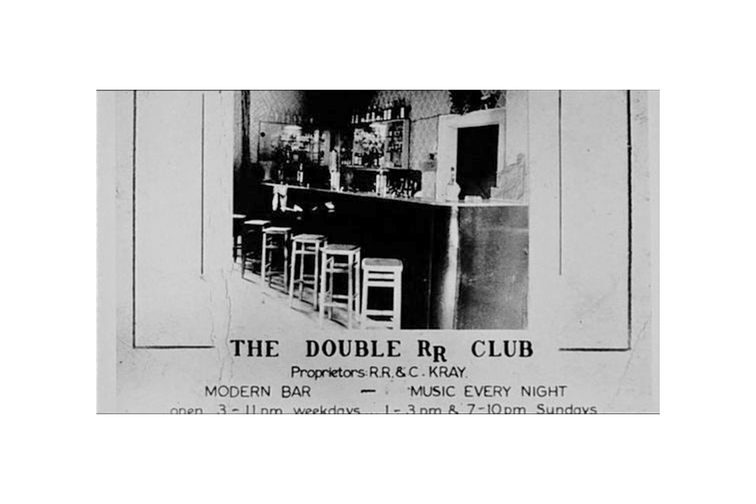 Business card for The Double R Club, the Kray Twin's notorious club on Bow Road