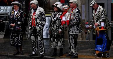 Pearly Kings and Queens raising money for charity on a Covent Garden Street.