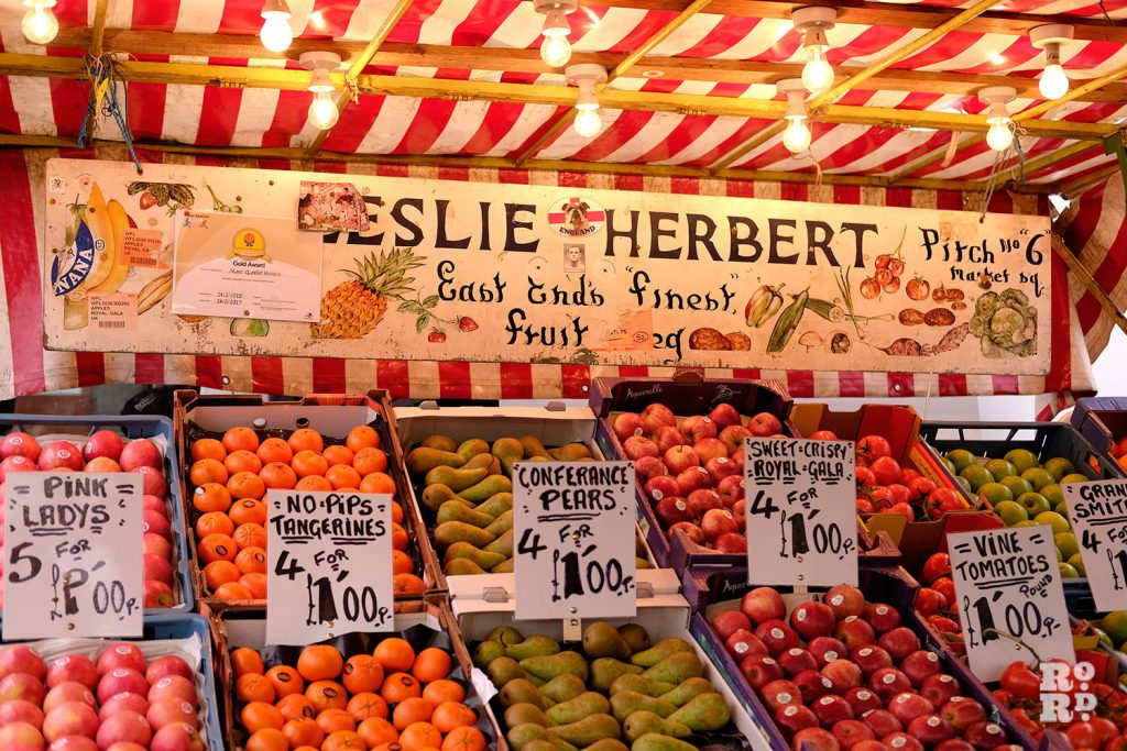 Fruit and veg on Leslie Herbet market stall on Roman Road in Globe Town, East London
