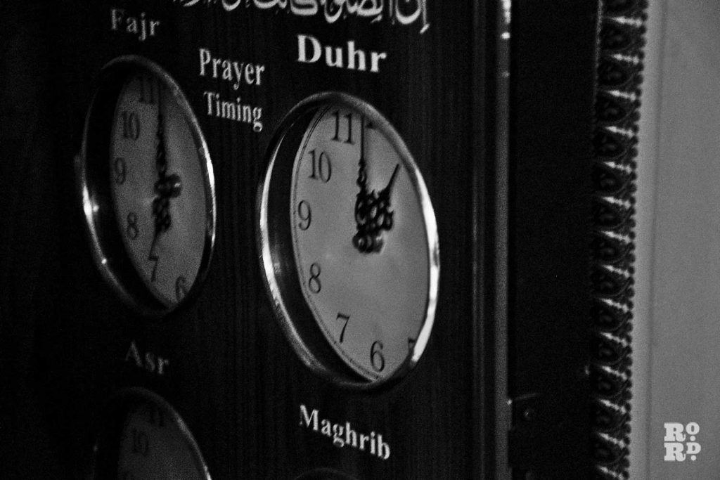 Prayer timing clocks at the Bow Muslim Community Centre