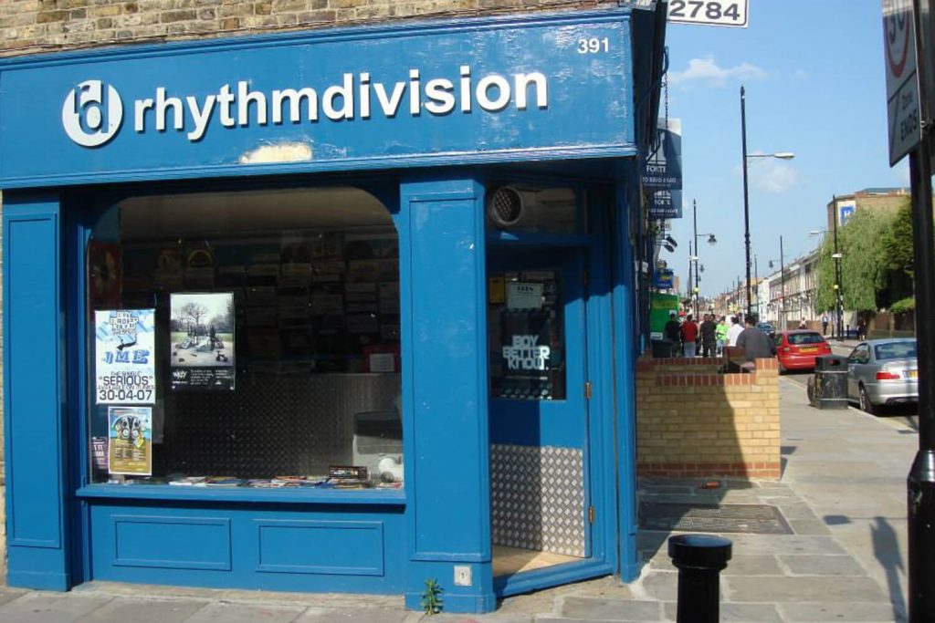 The exterior of Rhythm Division record store in Bow, East London, a community hub for Grime music artists