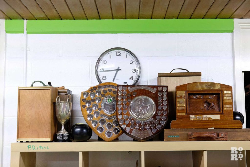 Trophy collection at the Victoria Park Bowls Club in East London