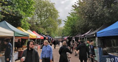 Victoria Park Market in East London on a cloudy day.