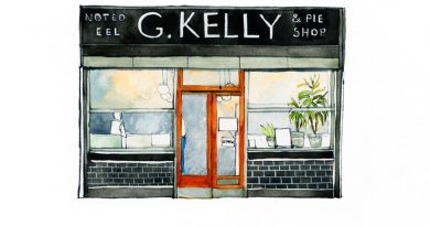 Illustration by Eleanor Crow of G. Kelly pie and mash shop on Roman Road