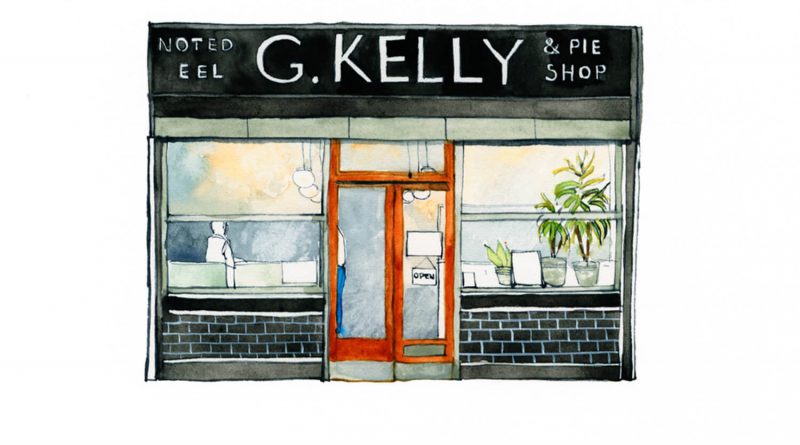 Illustration by Eleanor Crow of G. Kelly pie and mash shop on Roman Road