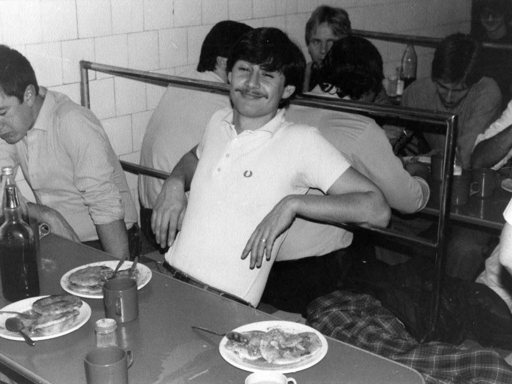 Archive image of man at GKelly pie and mash shop during a pie eating competition in 197