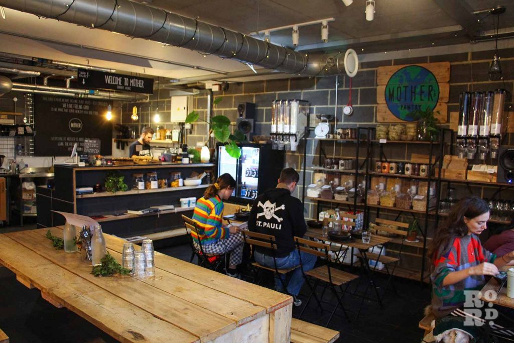 Interior of MOTHER, the vegan cafe at Here East.