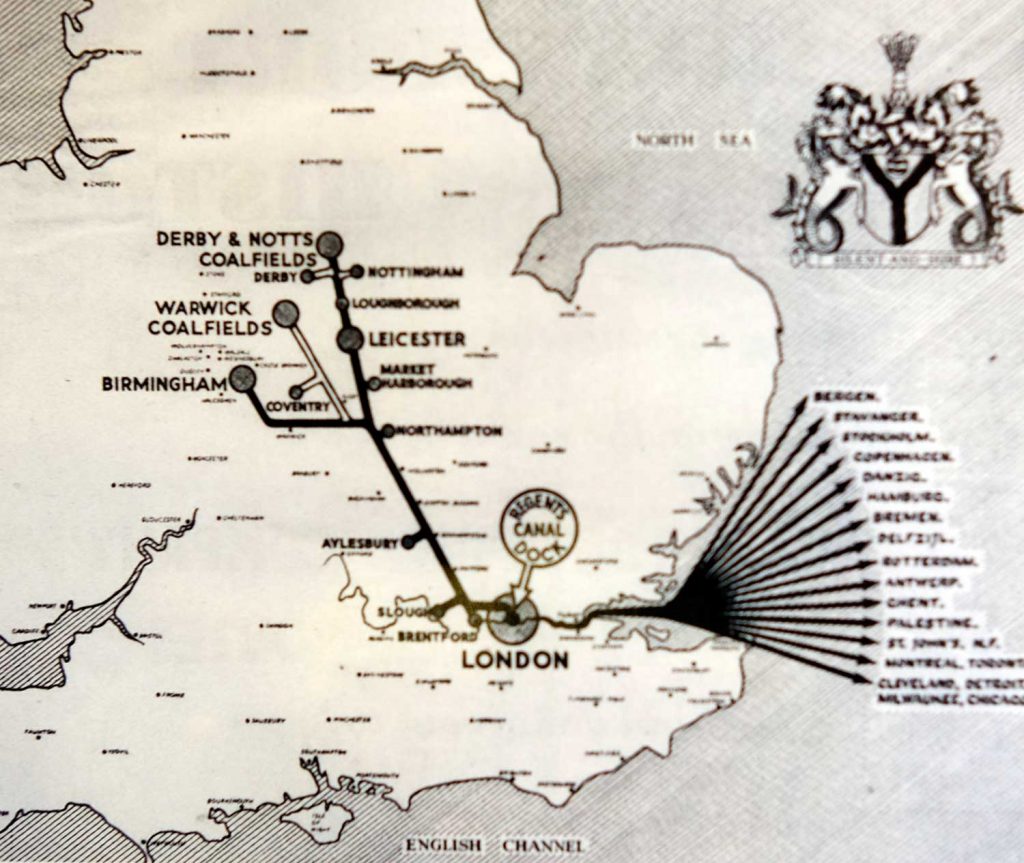 Map of England showing Regents Canal connecting northern England with imports from around the world
