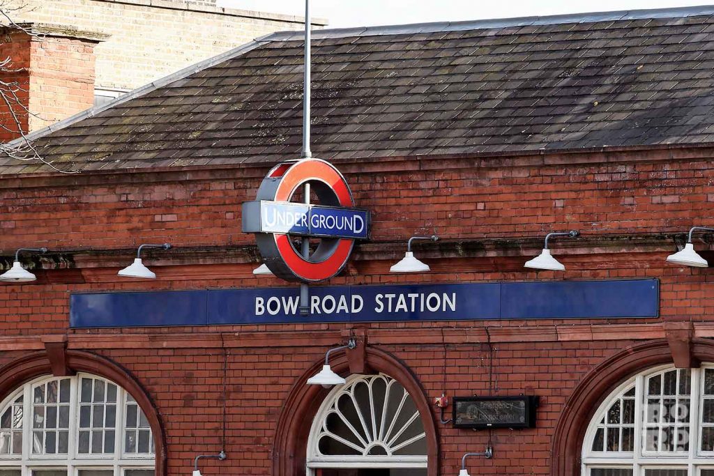 The tube sign outside Bow Road Station, 2014