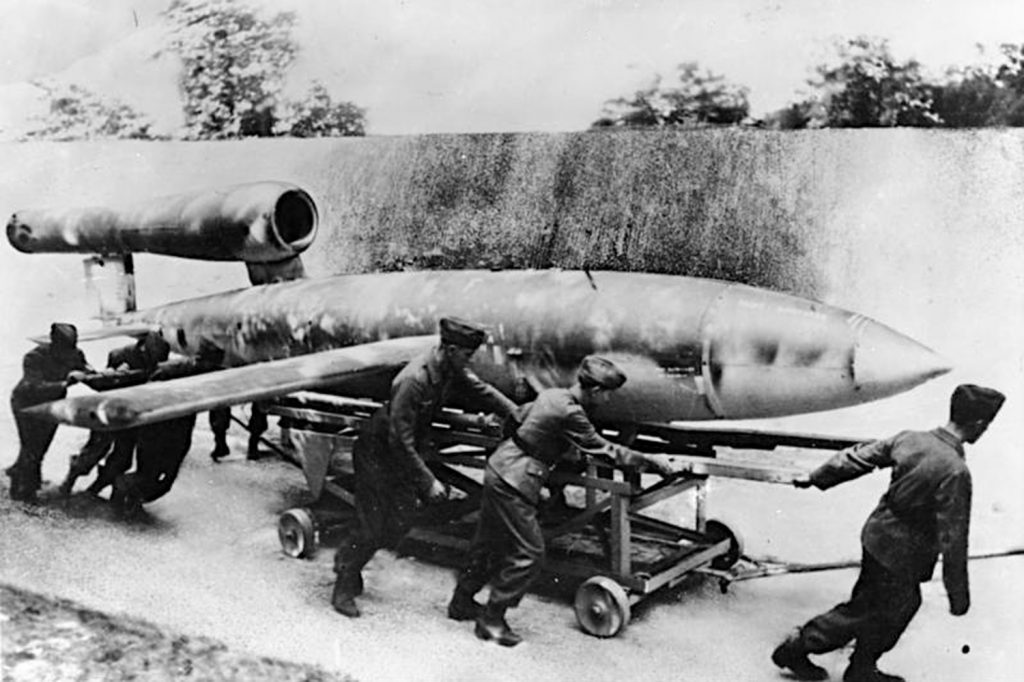 The V1 Flying bomb, aka Doodlebug, Vengeance Weapon, Cruise Missiel Fieseler Fi, being pulled by solders to its launch position, 1944