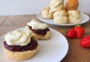 Freshly baked vanilla scone recipe with strawberry jam and clotted cream