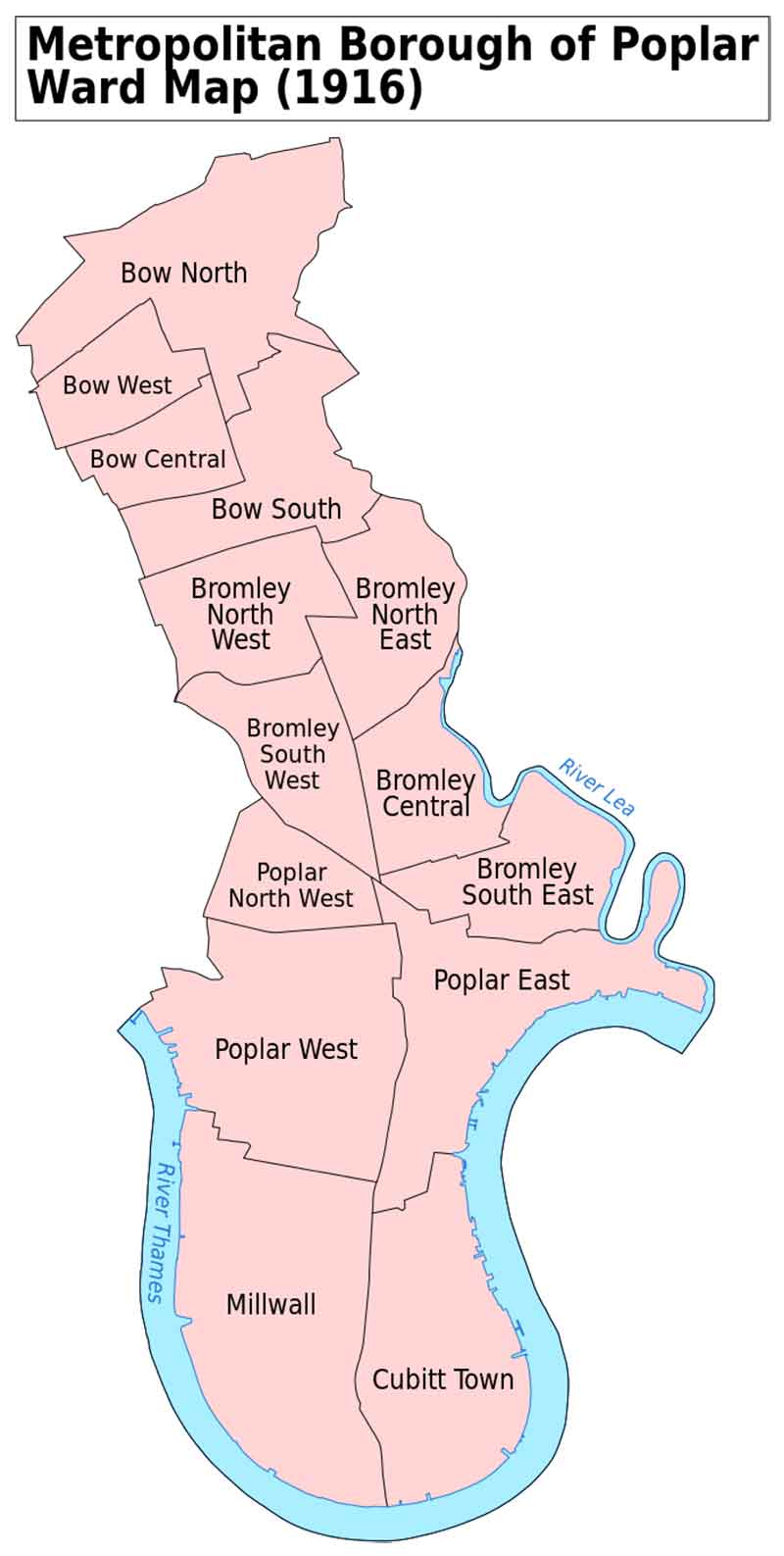 1916 map of borough of Poplar showing Bow Wards