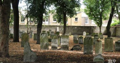 Tombstones, graves and trees in the walled Jewish Alderney Cemetery, Mile End