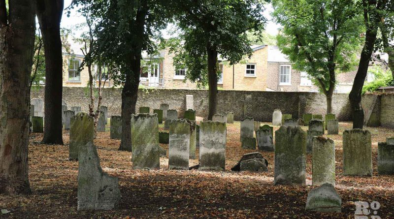 Tombstones, graves and trees in the walled Jewish Alderney Cemetery, Mile End