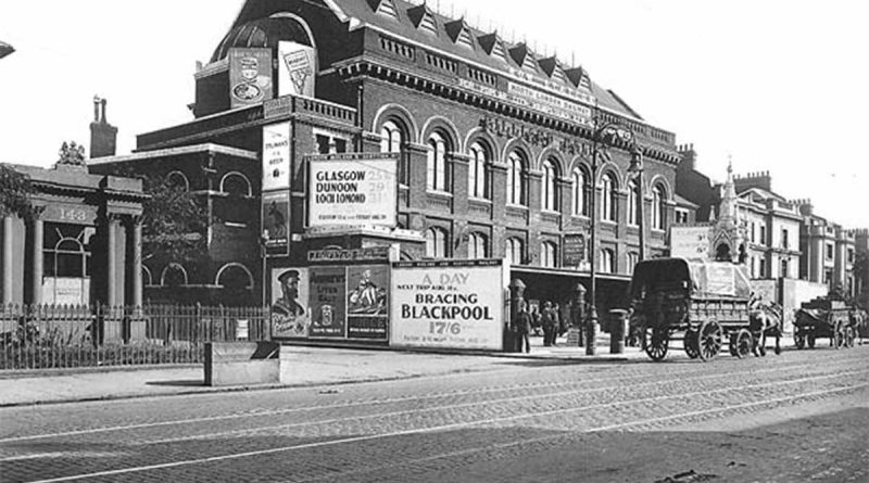Black and White image of Bow Station in the 1920s with a horse and carriage in the foreground