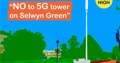 Campaign poster to stop 5G tower on Selwyn Green in Medway Conservation Area, Bow, Tower Hamlets