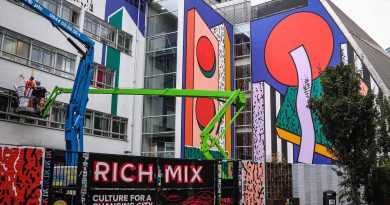 Artist Camille Walala's mural on the side of Rich Mix's building.