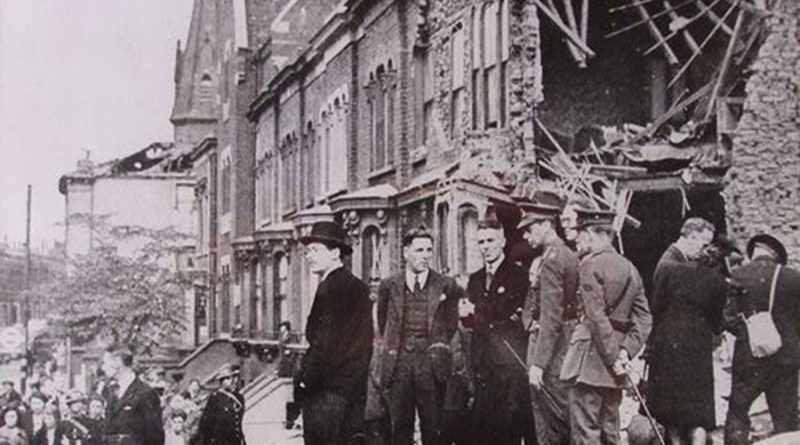 Mayor of Poplar inspecting Blitz damage, with St Barnabus Church in the background, 1942