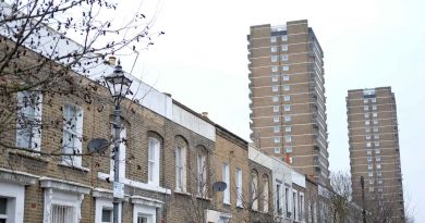 Victorian terraced street in Bow with tower blocks in the distance