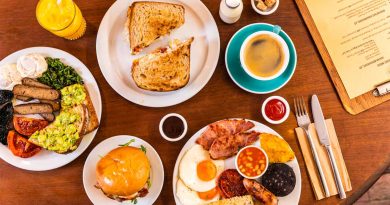 Fry-ups, breakfast sandwiches, avocado on toast and coffee sit on a table during brunch at Breakhouse Café