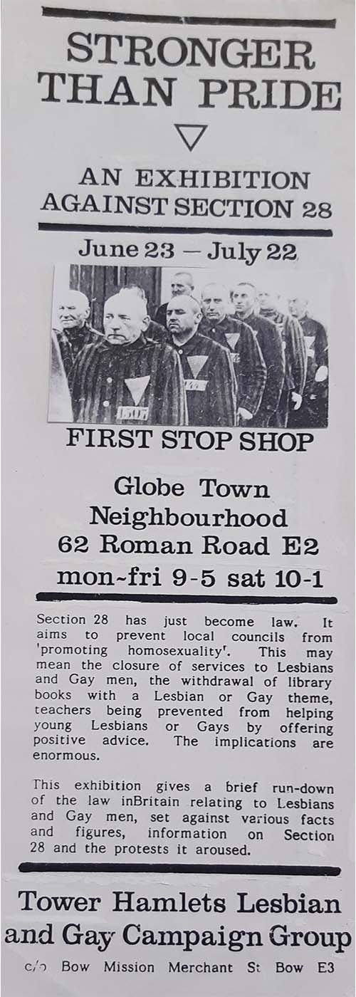 A newspaper clipping advertising an exhibition called 'stronger than pride', 1980s