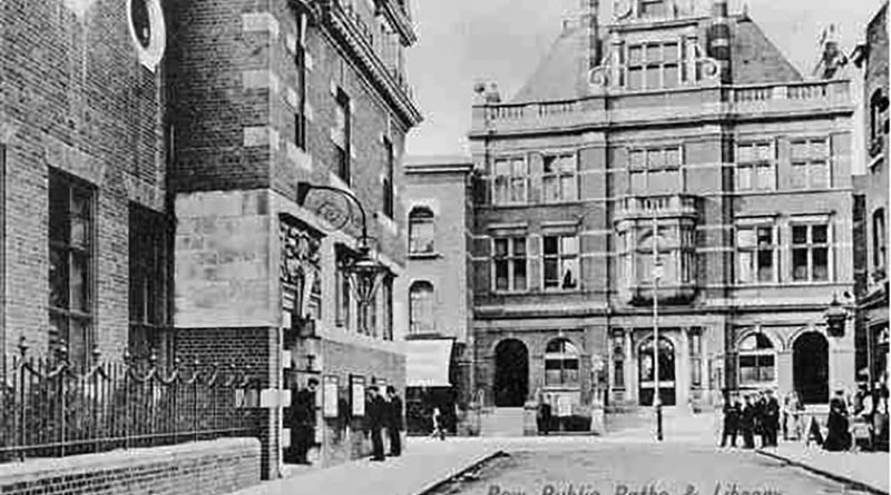 Heritage black and white image of Bow Public Baths, oppposite the Old Bow Library, formerly Vernon hall.