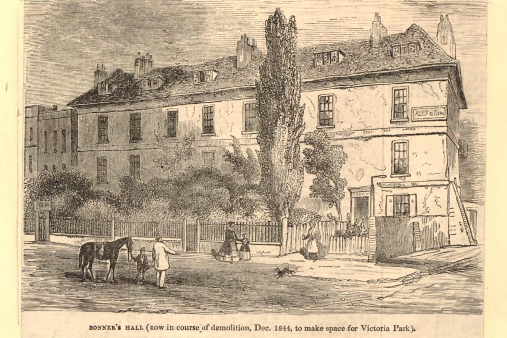 A 19th century etching of Bonner Hall, Globe Town, East London