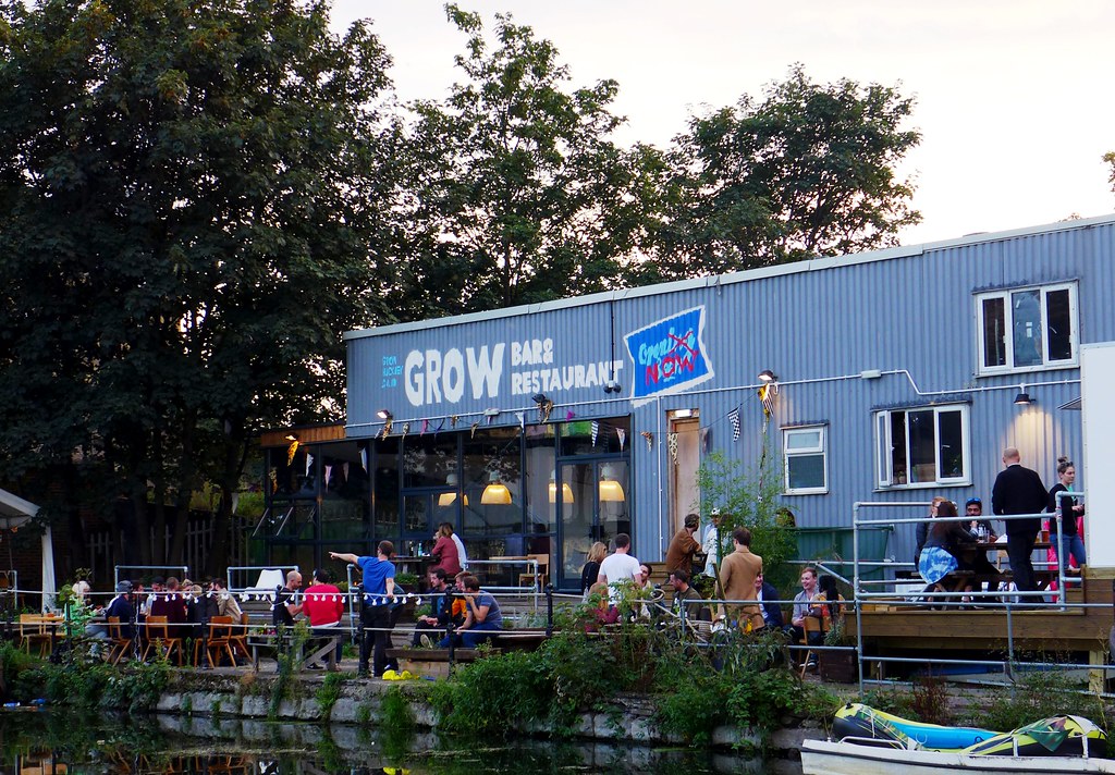 A view of Grow, Hackney one of Bow's best restaurants for large groups, from across the canal.