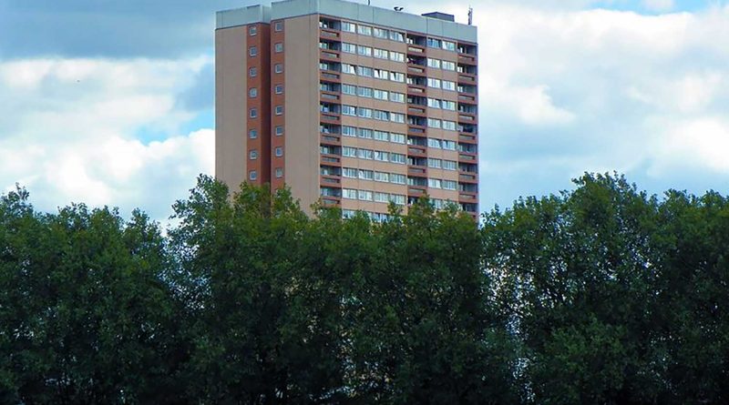 The salmon pink Clare House, Bow, Tower Hamlets.