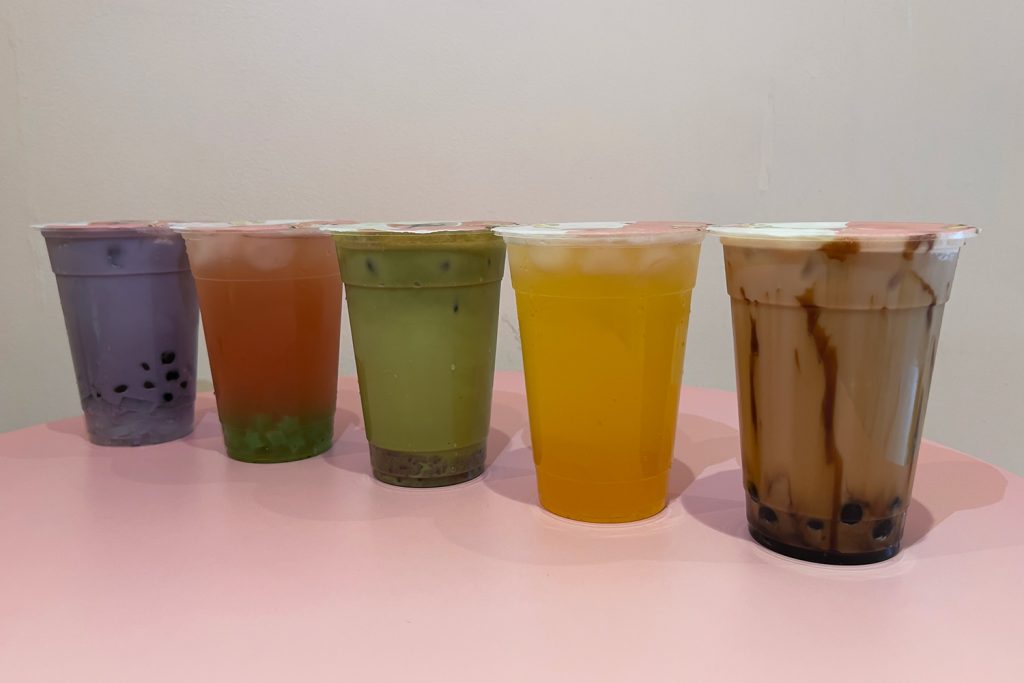 Five different coloured bubble teas from Bubblin Café, Roman Road, Bow, East London