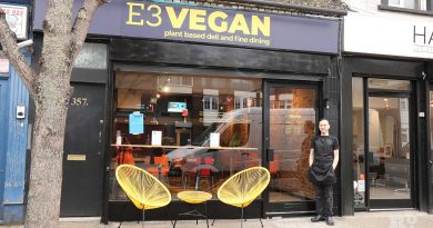 Owner Marc Joseph outside E3 Vegan plant based deli and fine dining on Roman Road, Bow, East London.