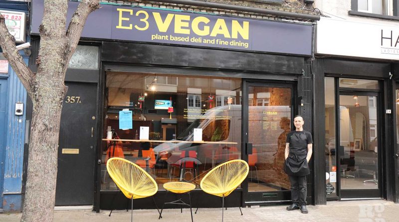 Owner Marc Joseph outside E3 Vegan plant based deli and fine dining on Roman Road, Bow, East London.