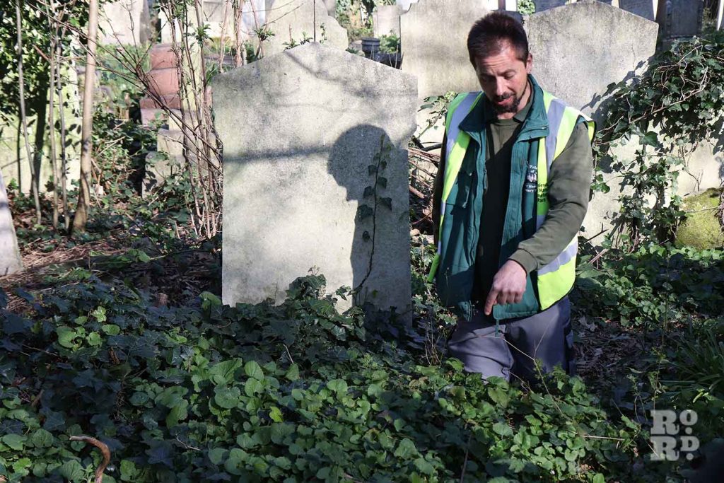 A man in high viz jacket pointing at plants that can be foraged at Tower Hamlets Bow Cemetery foraging walk