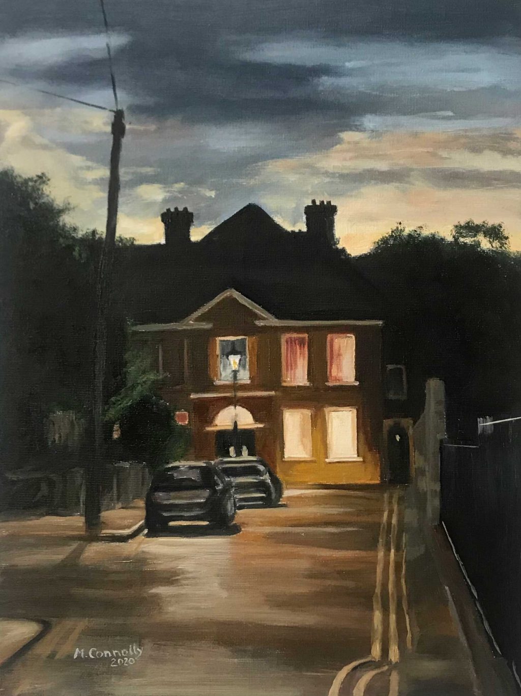 Painting of a house with lights on at twlight, on Kitcat Terrace, Bow, East London.