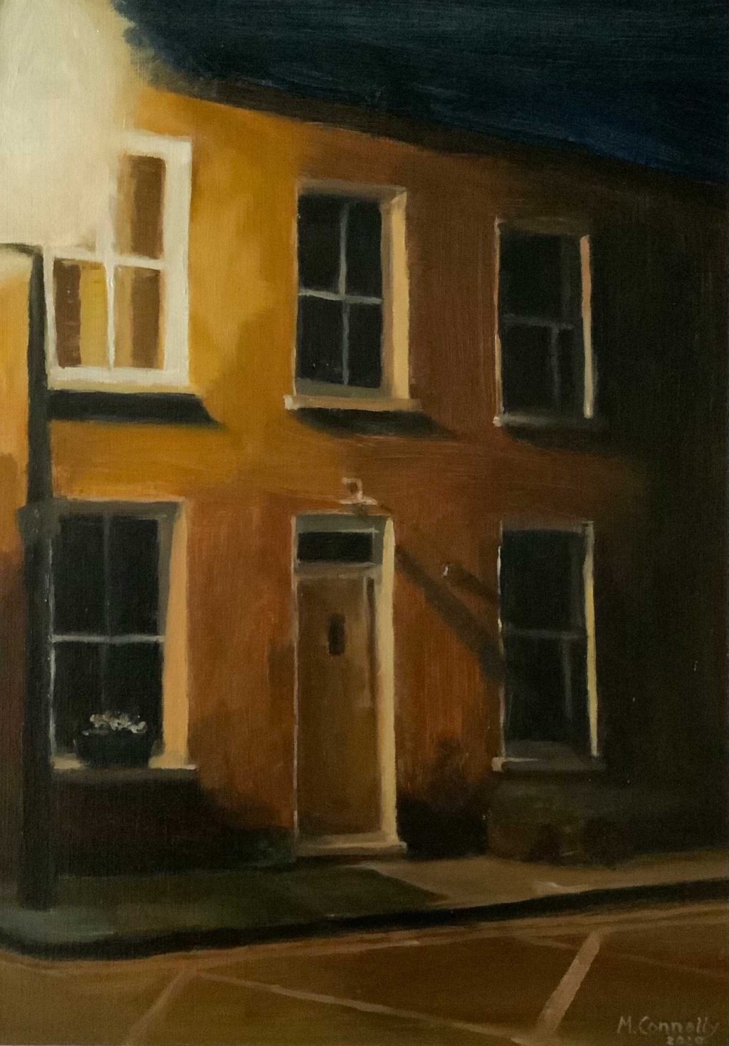 Night time painting of a house in Mile End Place