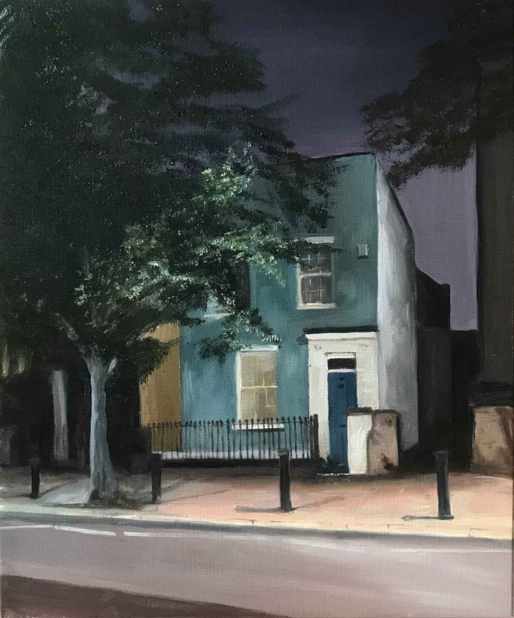 A night time painting of a blue house on Fairfield Road, Bow, East London.