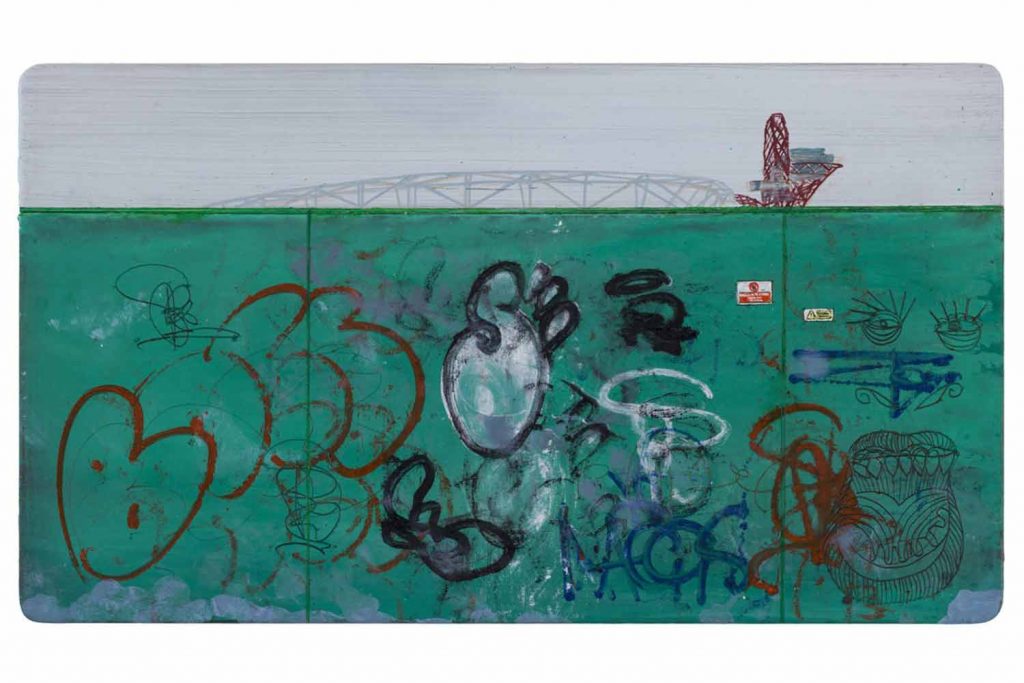 Painting of the Olympic park obscured by graffiti by Jock McFadyen