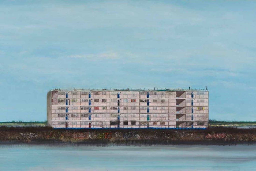 Painting titled Pink Flats of an isolated housing block by Jock McFadyen