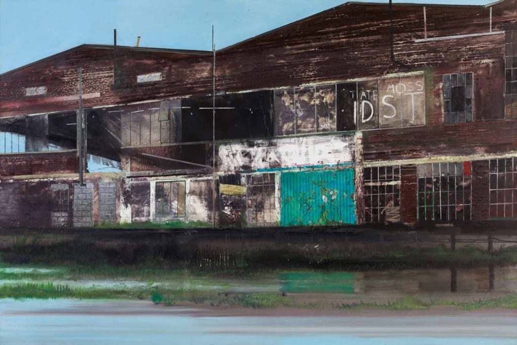 Painting titled Tate Moss of an abandoned factory by Jock McFadyen